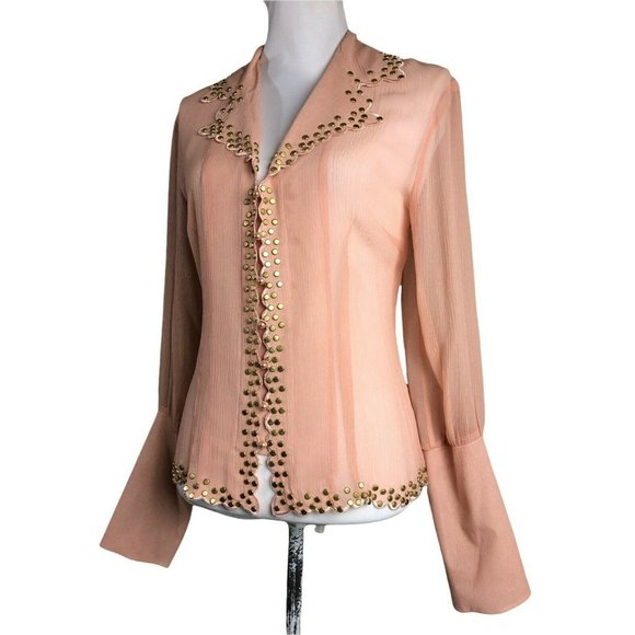 Vintage 80s Silk Blouse Blush Pink Gold Studded Sheer Long Sleeve Lillie Rubin L - Picture 3 of 11